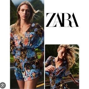 Zara smocked waist, butterfly sleeve keyhole back floral patchwork print romper